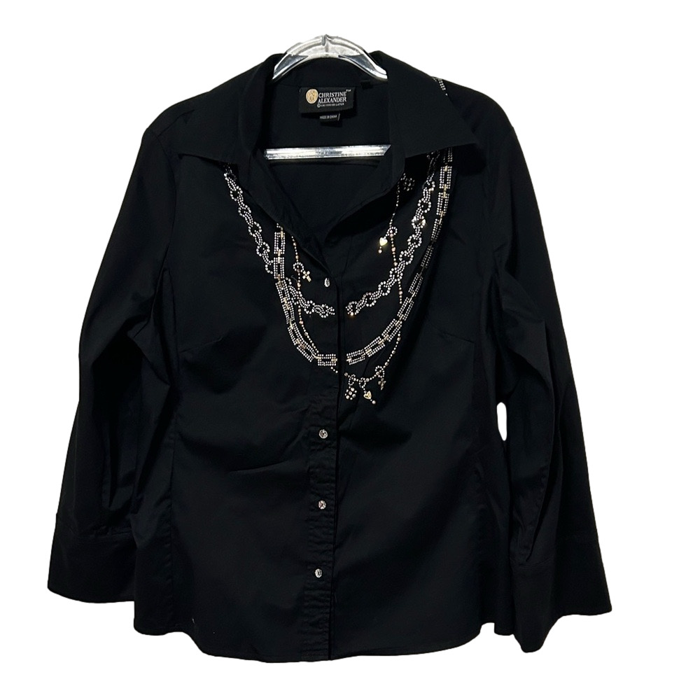 🐢Christine Alexander Black Blouse with Silver & Gold Accents size L GUC